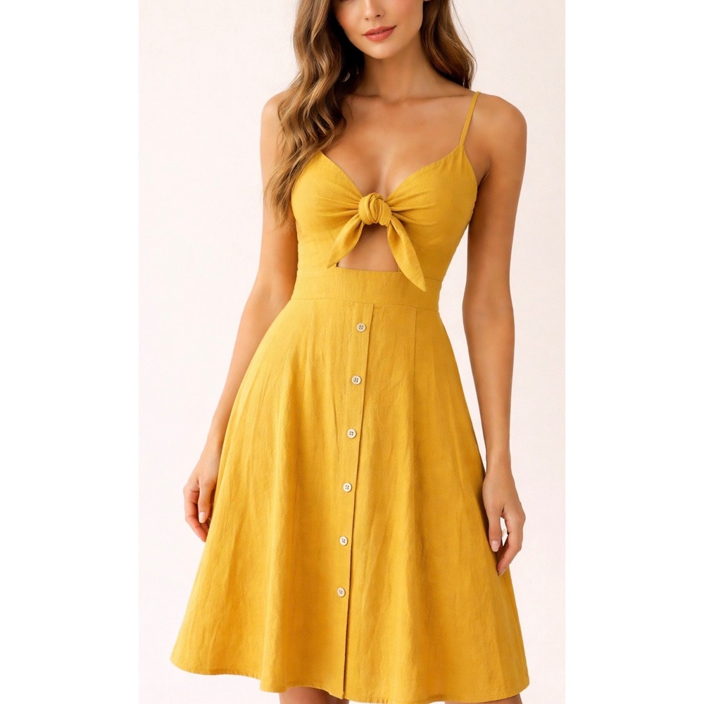 Hello Molly Mustard Yellow Tie-Front Midi Dress